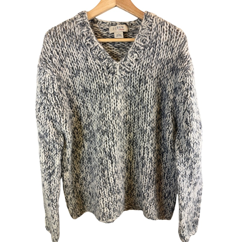 J.Crew Vintage Handknit V Neck Sweater Chunky Women L Cream Black Wool Mohair
